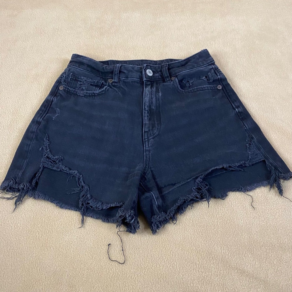 American Eagle Distressed Denim Shorts Womens 2 Black Frayed High Rise‎ Jean EUC